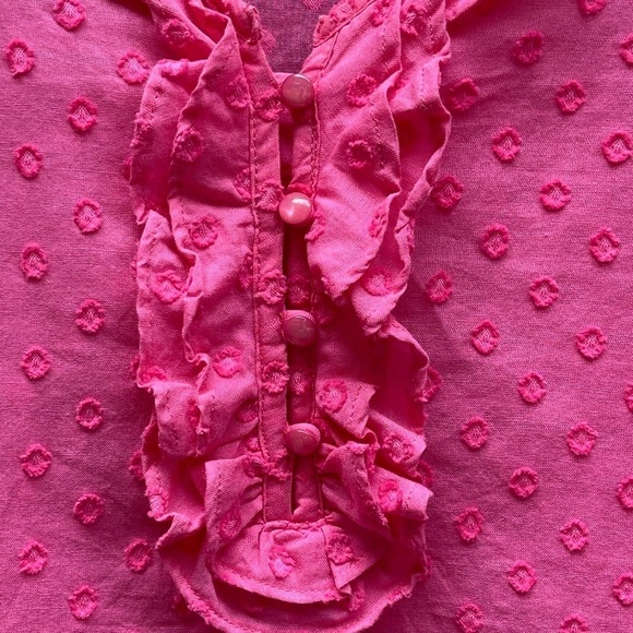 TALBOTS Pink Swiss Dot Ruffle Front Top Medium - Picture 4 of 16